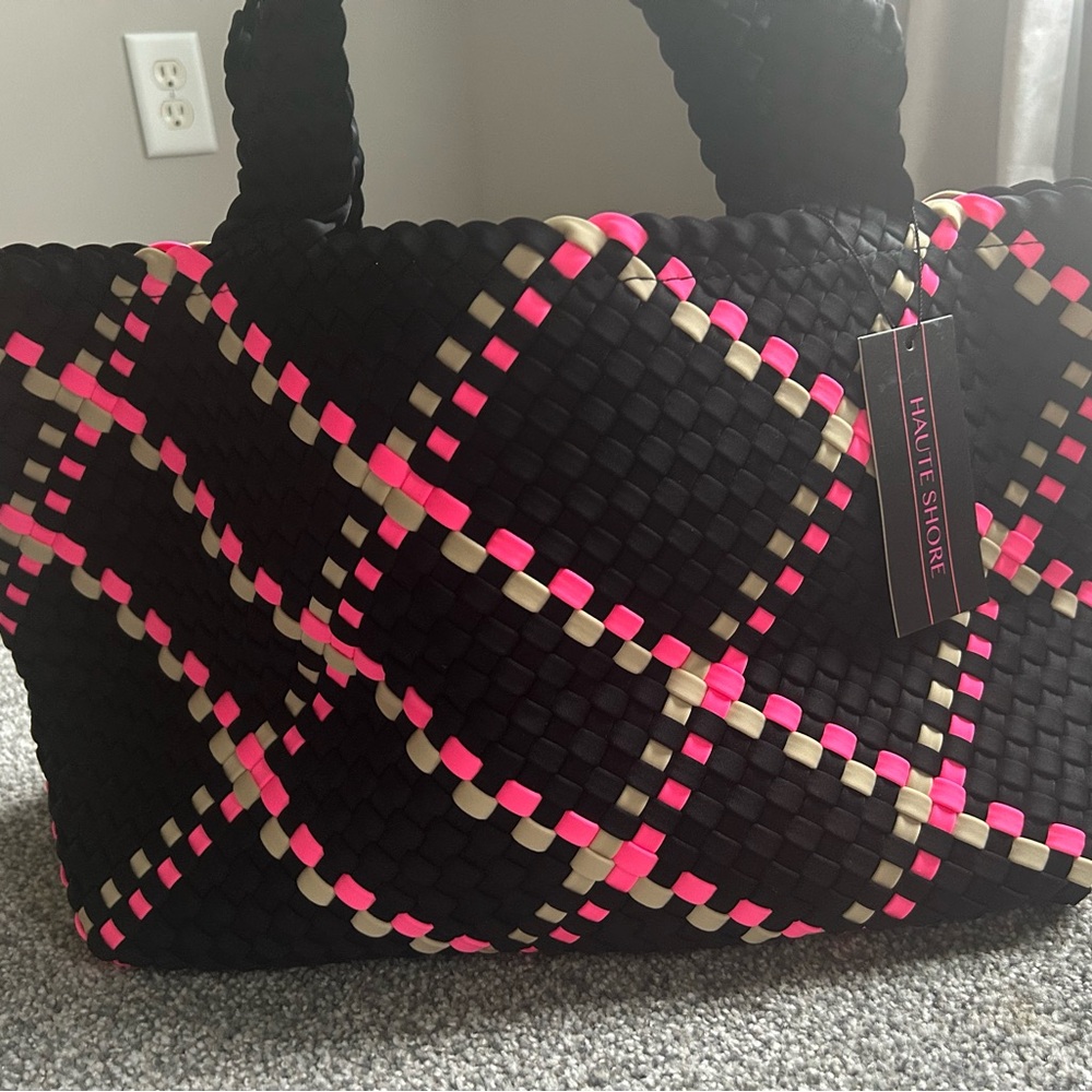 HAUTE SHORE Black and Pink Woven Tote